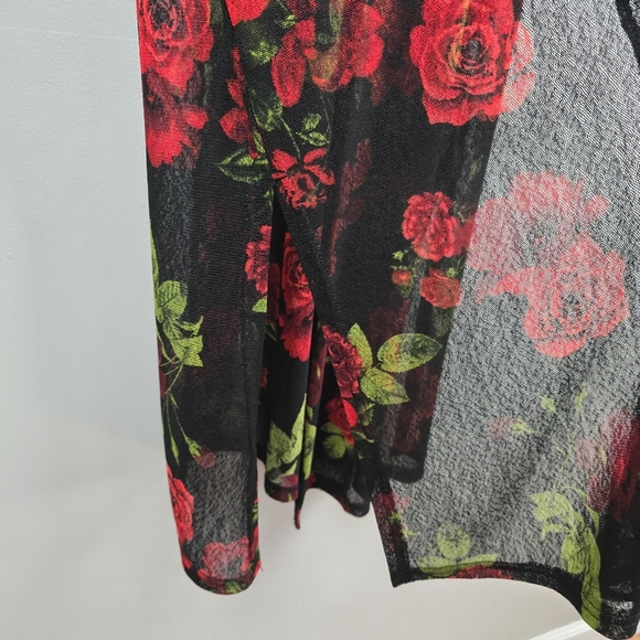 EMBER Mid Length Sheer Duster Kimono 3/4 Sleeves Floral Red Black Womens Size M - Picture 5 of 14